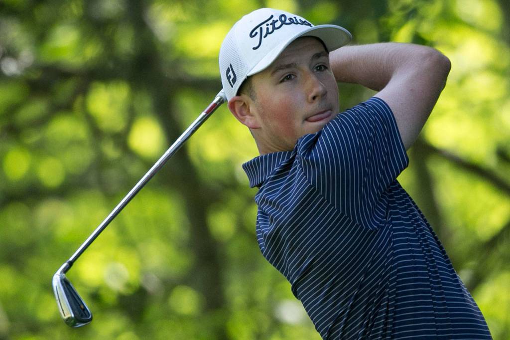 Jordan Brajcich tees off on the second day of the 2018 Snohomish County Amateur golf tournament on May 27, 2018, at Harbour Pointe Golf Course in Mukilteo. (Kevin Clark / The Herald)