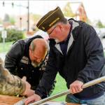 Joe Warlaw and Eric English, members of the Gay Jones Veterans of Foreign Wars Post 921, help build picnic tables at the Snohomish Boys & Girls Club late last month. They were participating in a Travis Manion Foundation project that connects veterans to their communities through service work. (Jessamy Lennon photography)