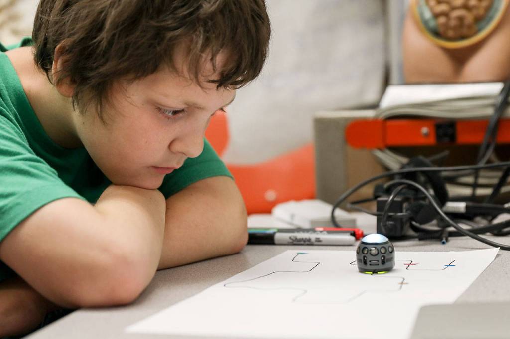 Owen Neiland, 10, a fourth grade student at Pinewood Elementary School, watches a small robot follow his commands during a programming lesson. (Lizz Giordano / The Herald)
