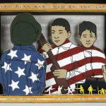 Out of the Mouth of Babes, a mixed-media artwork by Jan Hopkins, is based on her fathers memory of playing with friends after World War II and being told he and his brother had to be the Japs.