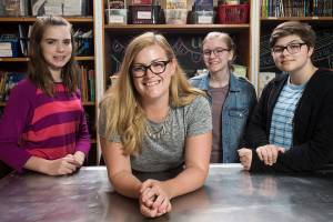 Kolleen Lothian, 31, a seventh grade teacher at Totem Middle School did a project with students called Genius Hour where they develop a research and action project to raise money for causes. With students Mckinley Galde, Sydney Sumsion and Molly Wright. (Andy Bronson / The Herald)