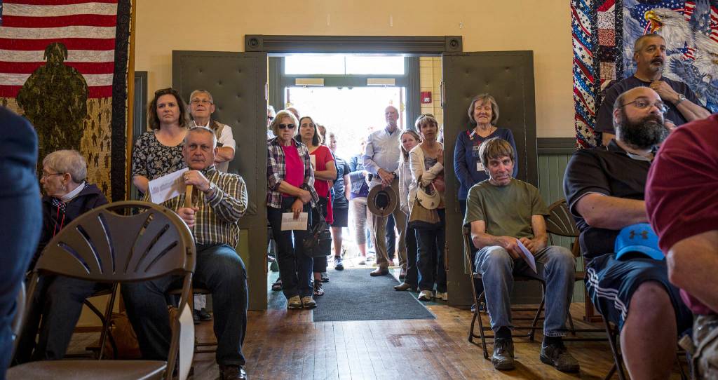 It was standing-room-only at the Memorial Day dedication of the Stanwood Area Historical Society Community Veterans Memorial at the Floyd Norgaard Cultural Center on May 28 in Stanwood. (Andy Bronson / The Herald)