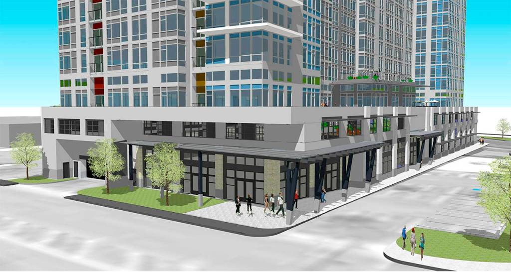 This artists rendering shows the southwest colonnade view of an 18-story apartment building coming to Lynnwood, which would be the second-tallest structure in Snohomish County. (Cosmos Development)