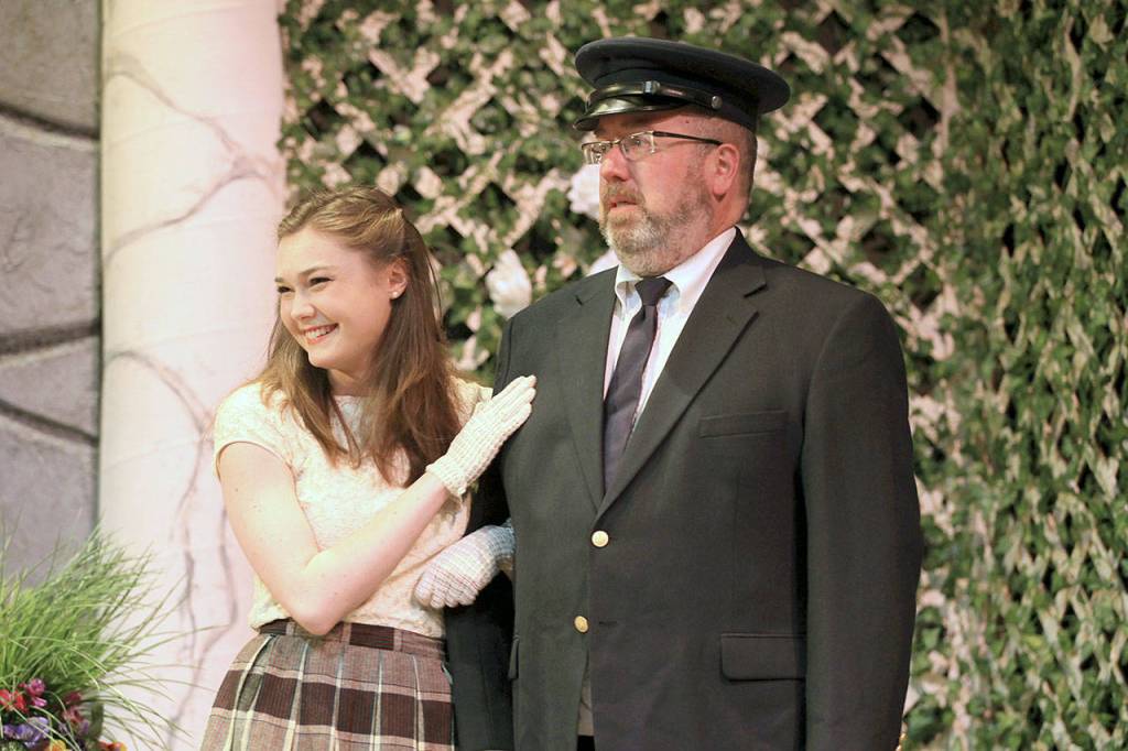 Rebecca Erickson (Sabrina Fairchild) and Terry Boyd (Fairchild) in Edmonds Driftwood Players Sabrina Fair. (Photo by Dale Sutton, Magic Photo)