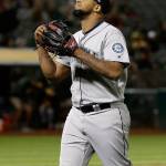 Seattles Juan Nicasio walks off the mound during the eighth inning of a May 23 game in Oakland, Calif. (AP Photo/Jeff Chiu)