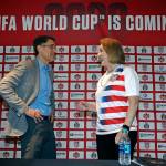 Sounders owner Adrian Hanauer (left) and Seattle Mayor Jenny Durkan talks following a news conference discussing the awarding of the 2026 World Cup soccer tournament to North America on June 13, 2018, in Seattle. The mens soccer showpiece will return to the U.S. for the first time since 1994 after gaining 134 votes, while Morocco got 65 at the FIFA Congress in Moscow, where the 2018 tournaments starts on Thursday. (AP Photo/Elaine Thompson)