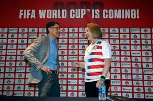 Sounders owner Adrian Hanauer (left) and Seattle Mayor Jenny Durkan talks following a news conference discussing the awarding of the 2026 World Cup soccer tournament to North America on June 13, 2018, in Seattle. The mens soccer showpiece will return to the U.S. for the first time since 1994 after gaining 134 votes, while Morocco got 65 at the FIFA Congress in Moscow, where the 2018 tournaments starts on Thursday. (AP Photo/Elaine Thompson)