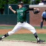 Stetson University pitcher Logan Gilbert (30) throws against North Carolina during the first inning of their NCAA super regional game on June 8. The Seattle Mariners selected Gilbert in the first round of the recent major-league draft. (AP Photo/Gerry Broome)