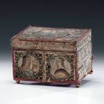 This 8-inch-high stumpwork box is over 400 years old. It has the embroidery on all sides. It sold at Cowan Auctions for way over estimate for $9,225. It is a writing box fitted inside for notes, inkwells and pens. (Cowles Syndicate Inc.)