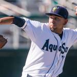 Aquasoxs Orlando Razo throws a pitch Sunday afternoon at Everett Memorial Stadium in Everett on June 17, 2018. (Kevin Clark / The Herald)
