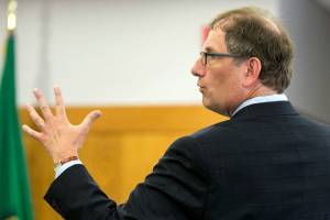 Snohomish County deputy prosecutor Tobin Darrow makes his opening statements in the trial of Todd Brown Tuesday morning at the Snohomish County Courthouse in Everett on June 19, 2018. Brown is accused of vehicular homicide in the deaths of two children. (Kevin Clark / The Herald)