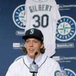 Seattle Mariners first-round draft pick Logan Gilbert is introduced at a news conference before the Mariners game against the Boston Red Sox on Saturday, June 16, 2018, in Seattle. (John Froschauer / Associated Press)