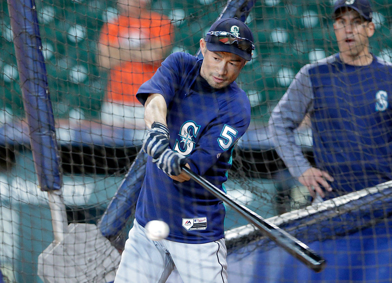 Ichiro Suzuki takes batting practice before a June 6 game in Houston. (AP Photo/Michael Wyke)