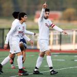 Marysville-Pilchucks Daniel Amador points to the stands after scoring a goal as Marysville Pilchuck beat Arlington 3-2 in a boys soccer match and clinched the Wesco 3A title on Tuesday, May 1, 2018 in Marysville. (Andy Bronson / The Herald)