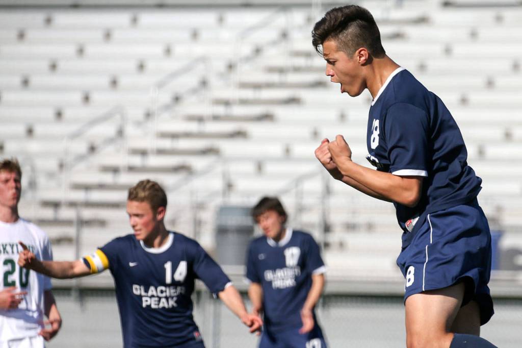 Glacier Peaks Danny Guerrero celebrates a penalty goal Saturday afternoon during the 2017 4A state quarterfinals at Skyline High in Sammamish. (Kevin Clark / The Herald)