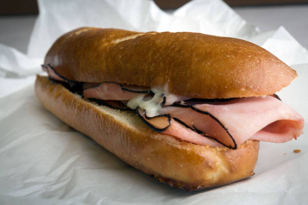 Ham and Swiss pretzel sandwiches are available aboard the Edmonds ferry on June 9. (Kevin Clark / The Herald)