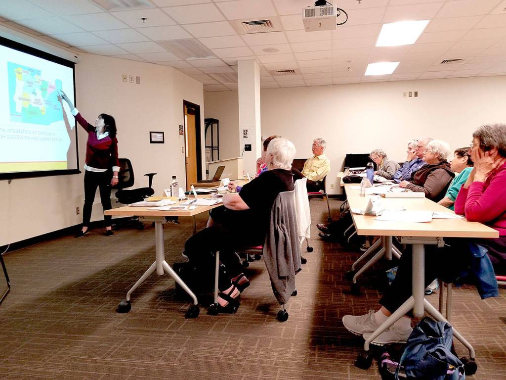 Instructor Maria Montalvo leads a class in Catalonia: A Nation Without a State, a CRI offering. (Adam Worcester for the Herald Business Journal)