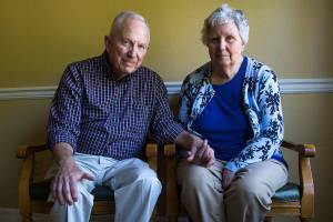 Jim Mallonee and wife, Shirley Mallonee, at Brookdale Silver Lake on July 5 in Everett. Jim and Shirley have been married for 52 years. (Olivia Vanni / The Herald)
