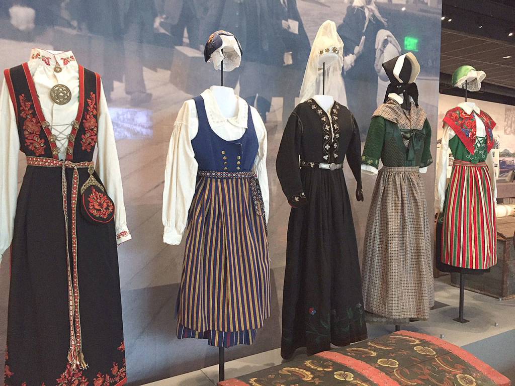 Authentic Scandinavian dresses in the Scandinavians in America exhibit at the Nordic Museum. These dresses were often worn by immigrants as they arrived in America from Scandinavia in the early 20th century. (Aaron Swaney)