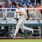 Oregon State designated hitter Kyle Nobach, a graduate of Marysville Pilchuck High School, celebrates after hitting a three-run home run against Washington in the seventh inning of an College World Series elimination game on June 18, 2018, in Omaha, Neb. (AP Photo/Nati Harnik)