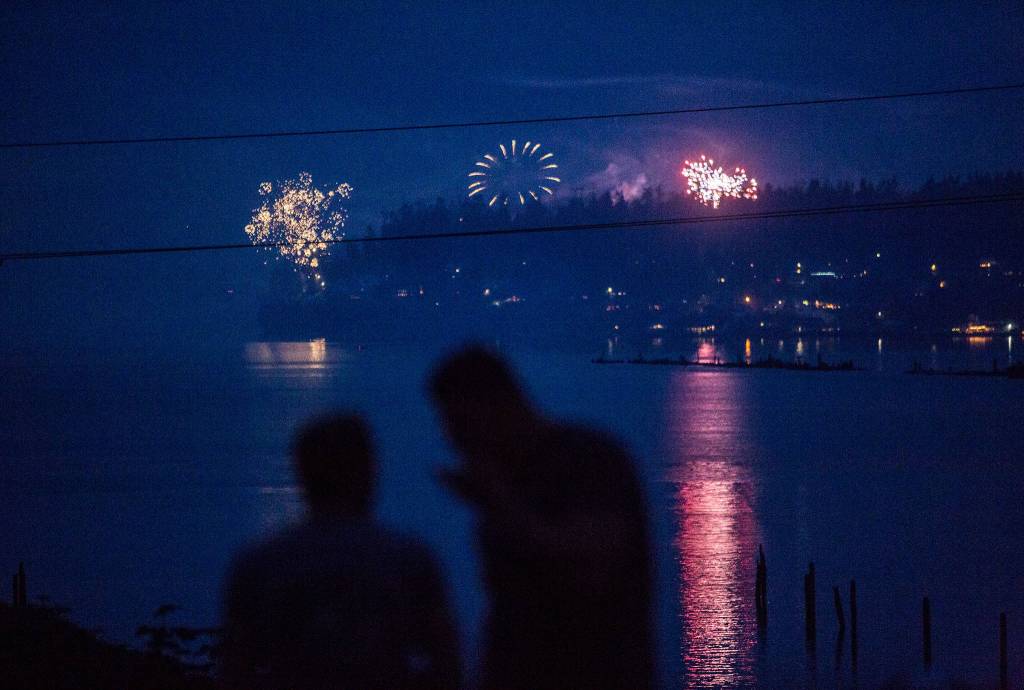 A couple watch people set off fireworks from Priest Point at Legion Memorial Park on Wednesday in Everett. (Olivia Vanni / The Herald)