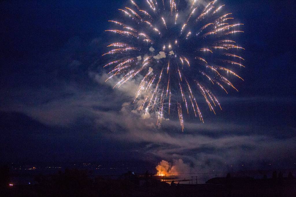 The Thunder on the Bay Fireworks display, as seen from Legion Memorial Park on Wednesday in Everett. (Olivia Vanni / The Herald)