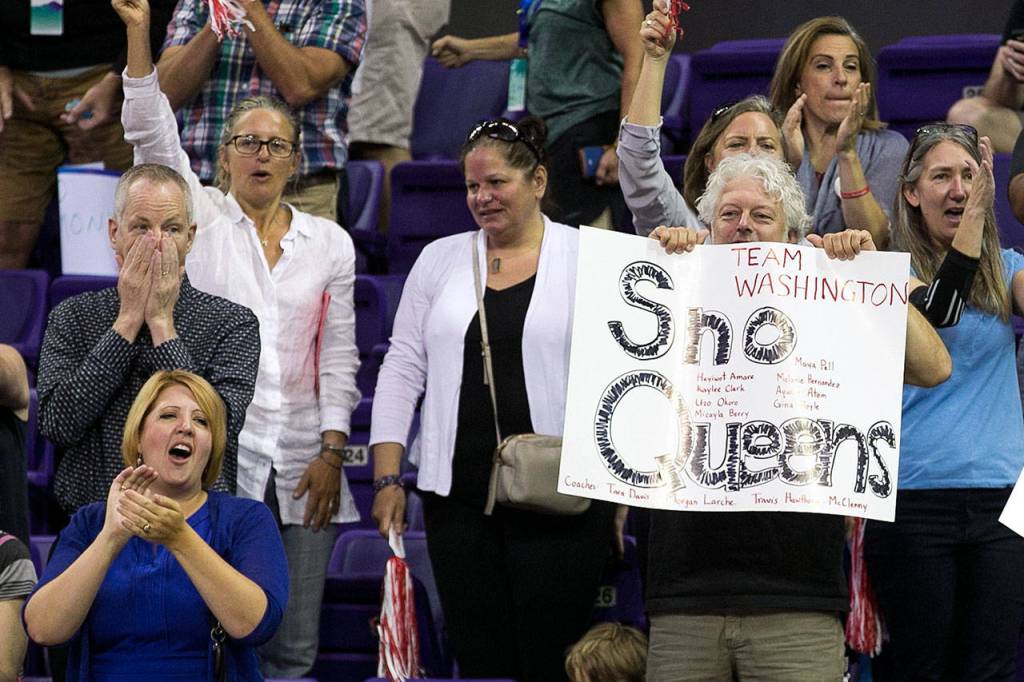 Fans cheer Team Washington during the female basketball gold-medal game against Texas at the 2018 Special Olympics USA Games on July 5, 2018, at Alaska Airlines Arena in Seattle. (Kevin Clark / The Herald)