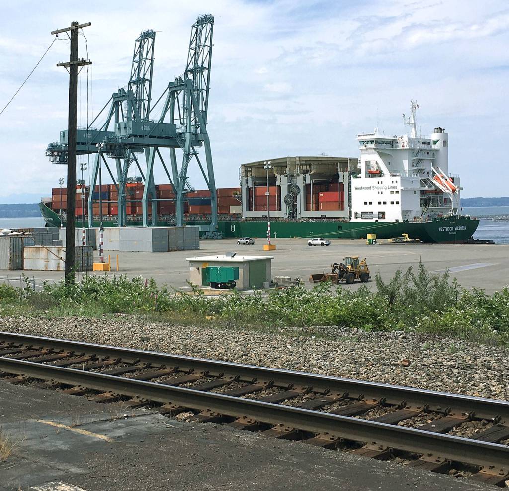 The container ship Westwood Victoria was seen at the Port of Everett in June. Read all about the past, present and future of the port <a href="https://www.heraldnet.com/business/by-export-value-everetts-quiet-port-surpasses-seattles/" target="_blank">here</a>. (Janice Podsada / The Herald)
