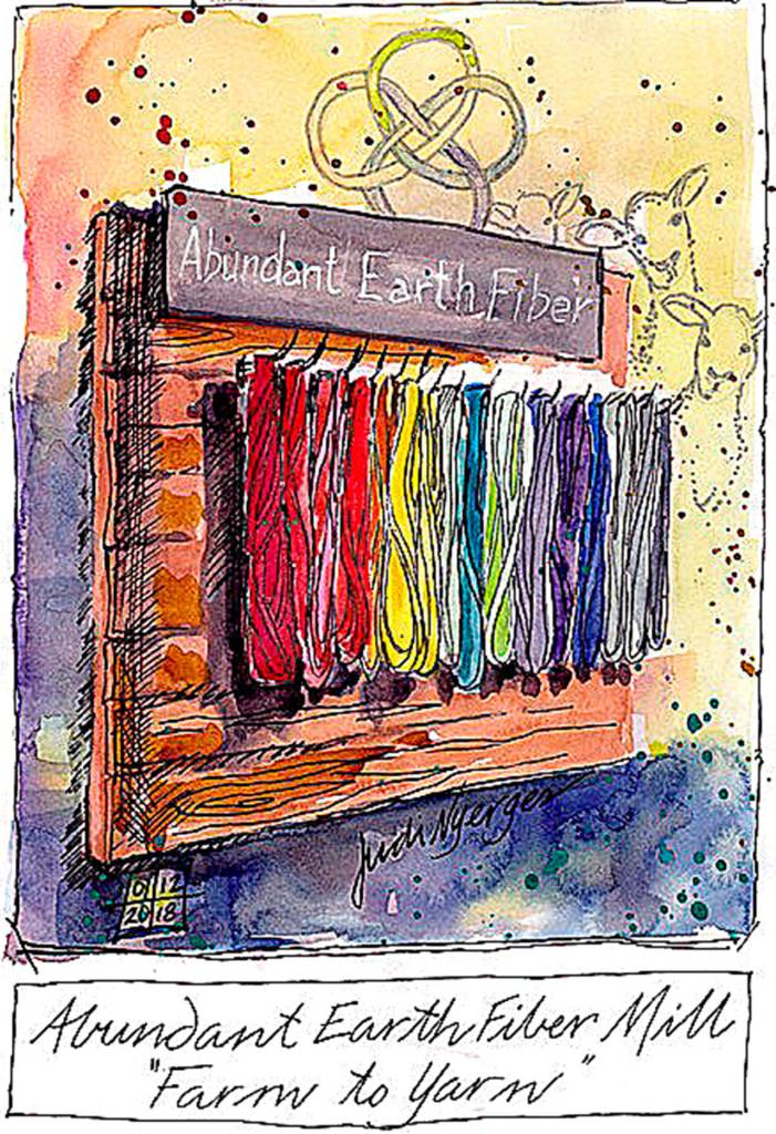 Judy Nyerges created the sketch and watercolor Abundant Earth Fiber Mill.