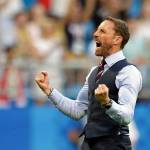 England manager Gareth Southgate celebrates a victory over Sweden after a quarterfinal match at the World Cup on July 7, 2018, in Samara, Russia. (AP Photo/Matthias Schrader)