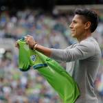 The Sounders new designated player Raul Ruidiaz, of Peru, is introduced before a match against the Timbers on June 30, 2018, in Seattle. (AP Photo/Ted S. Warren)
