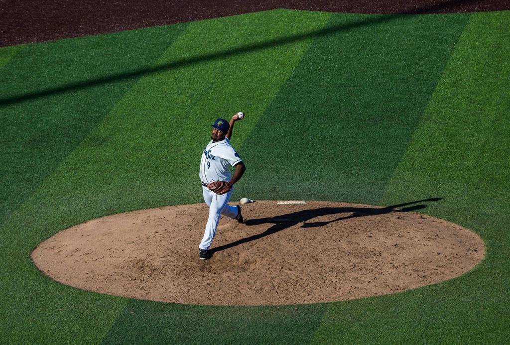 Aquasoxs Jamal Wade throws a pitch during the game at Everett Memorial Stadium on Sunday, July 15, 2018 in Everett, Wa. (Olivia Vanni / The Herald)