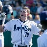 Aquasoxs Charlie McConnell celebrates his home run in the third inning against the Volcanos Sunday afternoon at Everett Memorial Stadium on July 15, 2018. (Kevin Clark / The Herald)