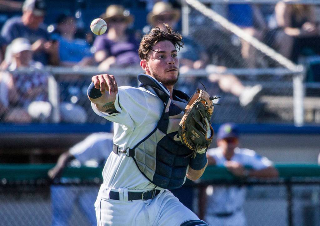 Aquasoxs Geoandry Montilla throws the ball to second base during the game at Everett Memorial Stadium on Sunday, July 15, 2018 in Everett, Wa. (Olivia Vanni / The Herald)