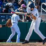 Aquasoxs Ryne Ogren flinches after being hit with a pitch during the game at Everett Memorial Stadium on Sunday, July 15, 2018 in Everett, Wa. (Olivia Vanni / The Herald)