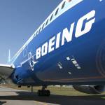 The Boeing logo on the fuselage of a 787 Dreamliner in 2011. (Seong Joon Cho / Bloomberg News)