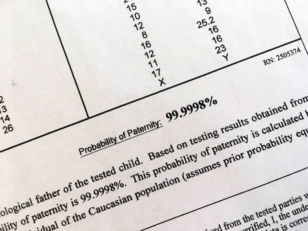 The results on the DNA test report showed the probability of paternity was 99.9998 percent.