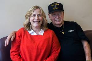 After being connected through home DNA tests through a relative, Lorna Fischer, 54, of Redmond and Bob Monize, 76, of Camano Island, went to Any Lab Test Now in Everett for a DNA paternity test. (Olivia Vanni / The Herald)