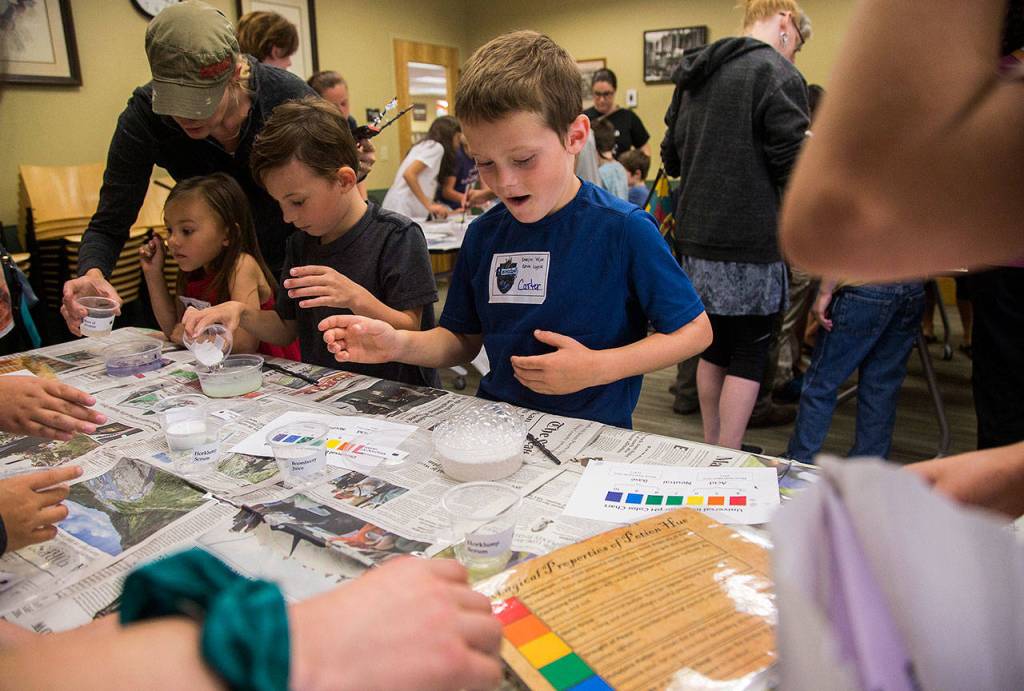 Carter Mang, 9, excitedly watches his potion begin to bubble. (Olivia Vanni / The Herald)