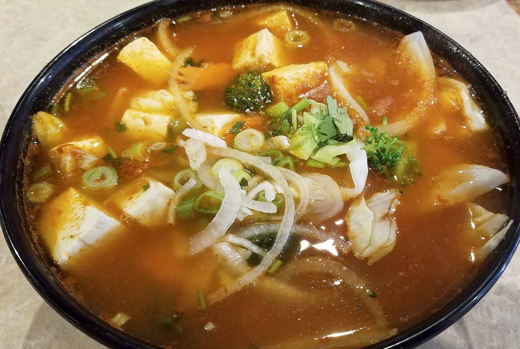 The Pho Chua Cay Chay, also known as spicy vegetarian pho, is served in generous portions at <a href="https://www.heraldnet.com/life/theres-nothing-faux-about-this-pho-at-lynnwood-eatery/" target="_blank">Good Pho You</a> in Lynnwood. (Sharon Salyer / The Herald)