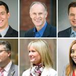 Left: Jared Mead (top) and Mark Harmsworth (bottom); center: Rodney Tom (top) and Patty Kuderer (bottom); right: David Sawyer (top) and Melanie Morgan (bottom).