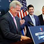 House Speaker Paul Ryan (center) jokes with House Majority Leader Kevin McCarthy (left) during a news conference following a GOP caucus meeting Tuesday on Capitol Hill in Washington. At right is Rep. French Hill, R-Arkansas. (AP Photo/Jacquelyn Martin)