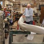 Woodworker Ken Price of Goss Lake spent months restoring the jaw bone of a blue whale that had deteriorated outside Langelys Whale Center. This jaw bone measures about 17-feet in length and thats just one side of the lower jaw of a blue whale, the largest animal on earth. (Patricia Guthrie / Whidbey News Group)