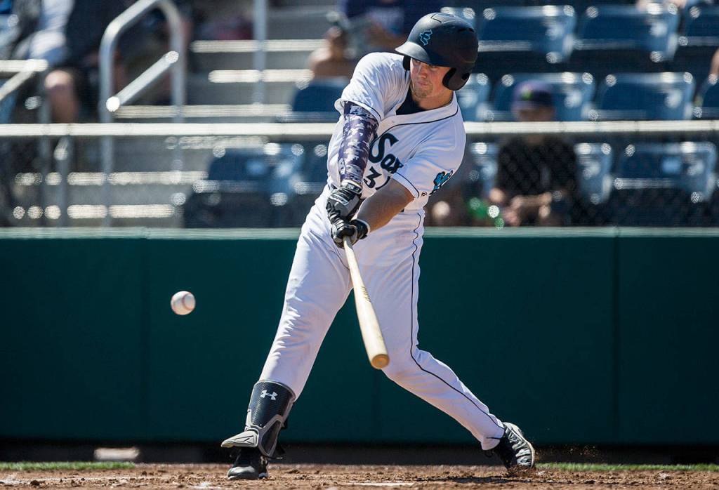 Everetts Troy Dixon takes a swing during Thursdays game at Everett Memorial Stadium. (Olivia Vanni / The Herald)