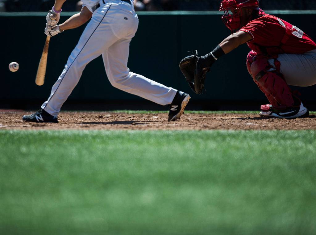 Aquasoxs Ryne Ogren hits the ball during the game against Vancouver at Everett Memorial Stadium on Thursday, July 26, 2018 in Everett, Wa. (Olivia Vanni / The Herald)