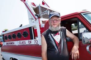 After his Class of 1972 Snohomish High School reunion, Mike Carver had 18 speakers built into his truck and drives it around town and in parades, blasting music and trailing bubbles. (Andy Bronson / The Herald)