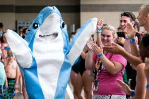 Clark the Shark makes an appearance at a day camp at the Lynnwood Recreation Center. (Kevin Clark / The Herald)