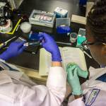 Alberta Gbla (right) and Aleksandra Kogalovski adjust their measurements during the Fred Hutch Pathway Research Explorers Program lab session at the Fred Hutchinson Cancer Research Center on Aug. 9 in Seattle. (Olivia Vanni / The Herald)