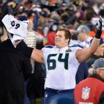 The Seahawks J.R. Sweezy (64) celebrates during the second half of Super Bowl XLVIII against the Broncos on Feb. 2, 2014, in East Rutherford, N.J. (AP Photo/Bill Kostroun)