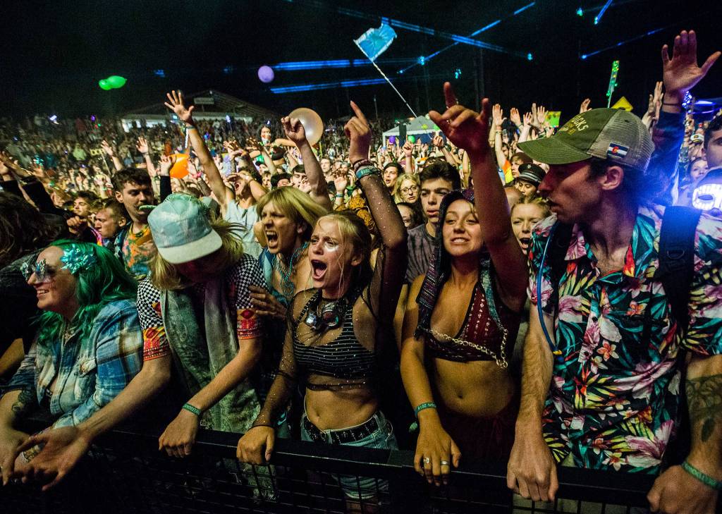 The crowd yells during Bassnectars performance at the Summer Meltdown on Saturday, Aug. 4, 2018 in Darrington. (Olivia Vanni / The Herald)